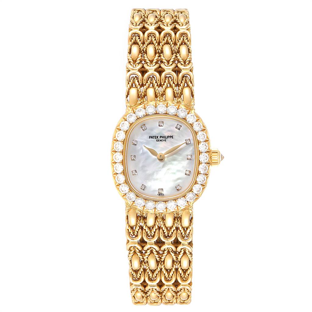 This is a frontal view of the Patek Philippe Golden Ellipse 4931/2 Women's Yellow Gold Mother of Pearl Dial 4931/2 Women's Yellow Gold Mother of Pearl Dial watch, showcasing its gold bracelet and diamond-encrusted bezel.