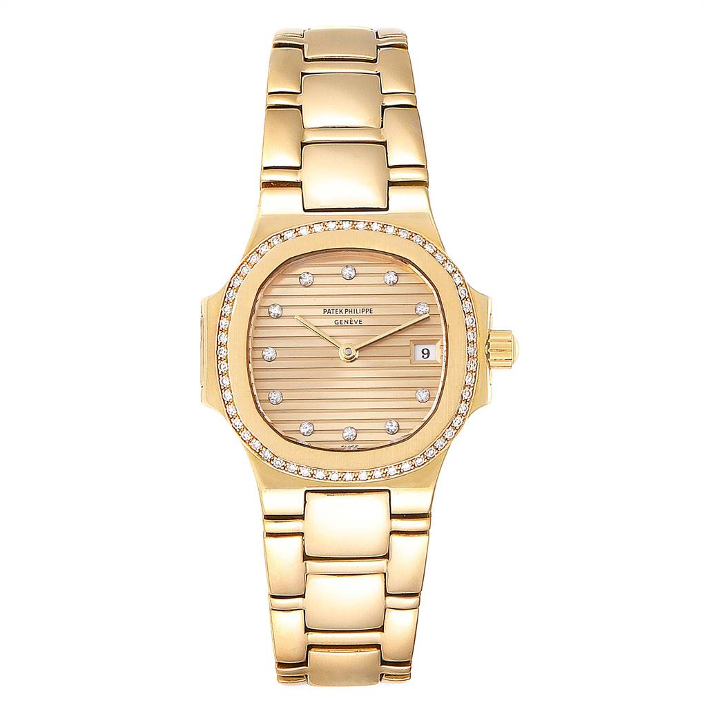 This image shows a frontal view of a gold Patek Philippe Nautilus 4700 Women's Yellow Gold Champagne Dial 4700 Women's Yellow Gold Champagne Dial watch, highlighting its face, bezel, and band.