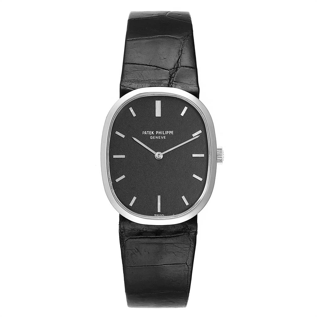 The image shows the front view of a Patek Philippe Golden Ellipse 3548 Women's White Gold Black Dial 3548 Women's White Gold Black Dial watch, showcasing its face, strap, and side crown.