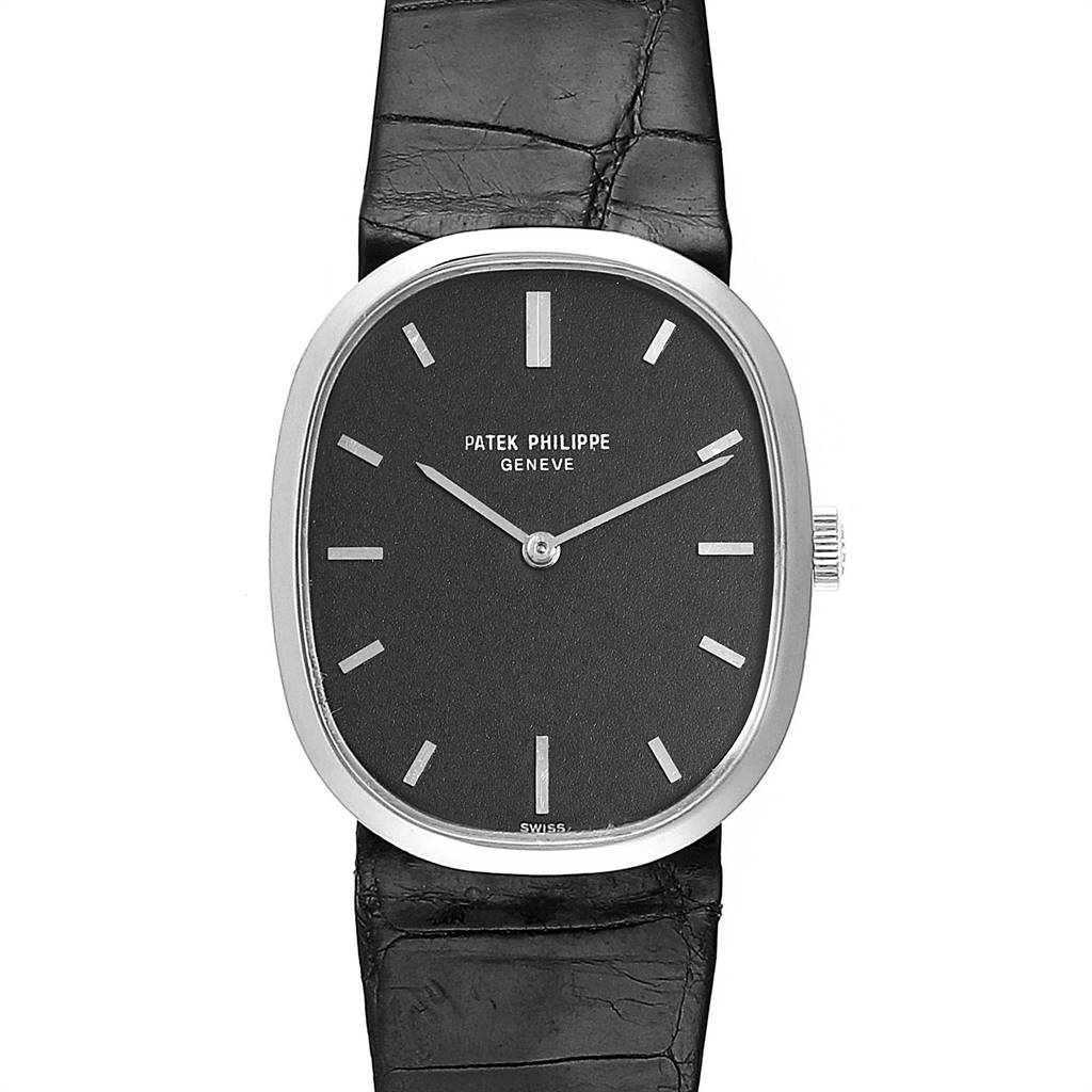 This image shows a front view of a Patek Philippe Golden Ellipse 3548 Women's White Gold Black Dial 3548 Women's White Gold Black Dial watch with its black leather strap, dial, and silver casing.