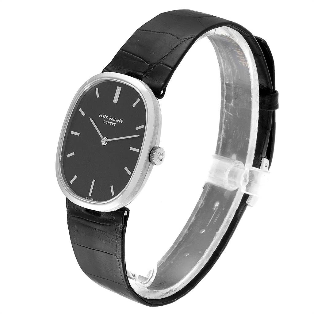 This image shows a side view of the Patek Philippe Golden Ellipse 3548 Women's White Gold Black Dial 3548 Women's White Gold Black Dial watch, highlighting the dial, case, crown, and strap.