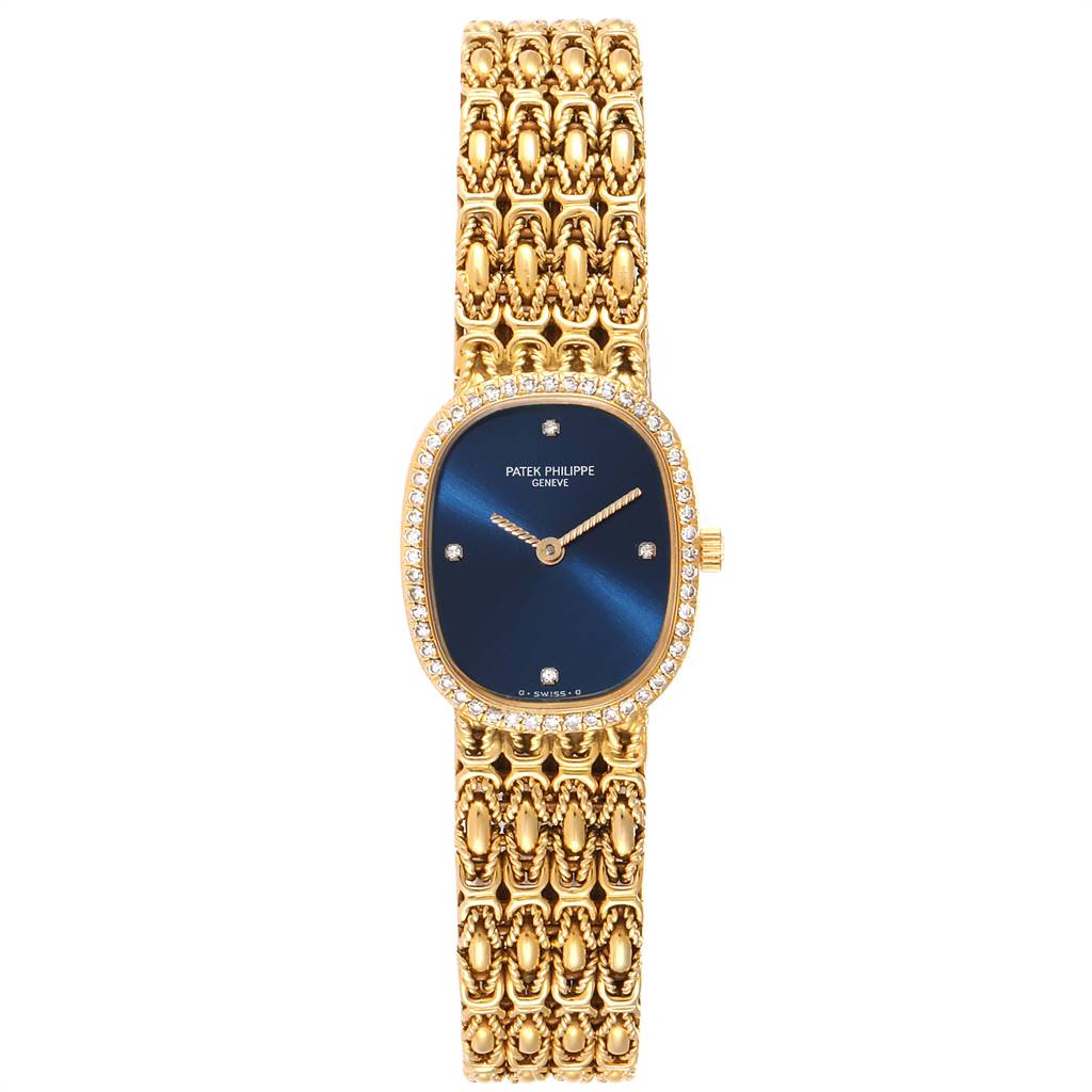 The image shows a full frontal view of a Patek Philippe Golden Ellipse 4698/1 Women's Yellow Gold Blue Dial 4698/1 Women's Yellow Gold Blue Dial watch, highlighting the face, bezel, and bracelet.