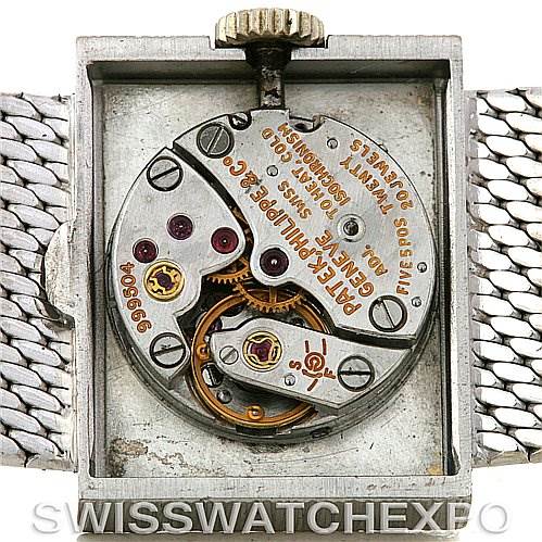 The image shows the internal mechanism from the back of a vintage Patek Philippe watch model.