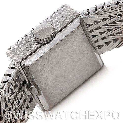 This image shows the back and crown of a Vintage Patek Philippe watch with a detailed view of the strap.