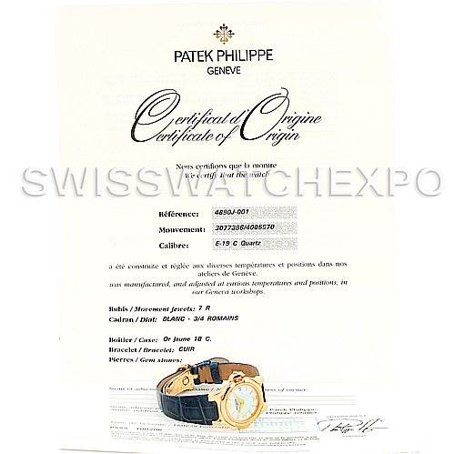 The image shows a Patek Philippe 4890 Women's Yellow Gold White Dial 4890 Women's Yellow Gold White Dial 4890 Ladies Watch with its certificate of origin, featuring its 18k yellow gold case and leather strap.