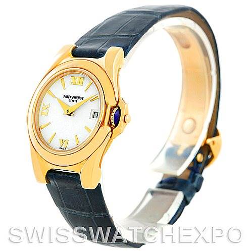 The image shows a side view of the Patek Philippe 4890 Women's Yellow Gold White Dial 4890 Women's Yellow Gold White Dial 18k Yellow Gold Ladies Watch 4890, highlighting its face, bezel, and strap.