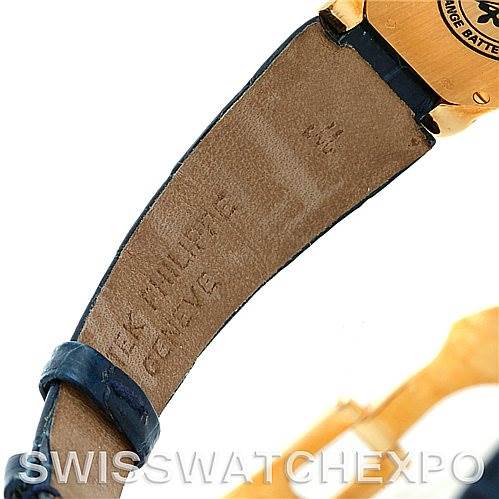 This image shows the underside of the leather strap and the clasp of a Patek Philippe 4890 Women's Yellow Gold White Dial 4890 Women's Yellow Gold White Dial 4890 18k Yellow Gold Ladies Watch.