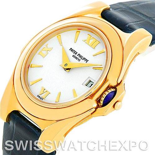 The image shows a close-up angle of the Patek Philippe 4890 Women's Yellow Gold White Dial 4890 Women's Yellow Gold White Dial 4890 18k Yellow Gold Ladies Watch, highlighting the dial, case, and crown.