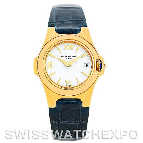 The image shows a front view of the Patek Philippe 4890 Women's Yellow Gold White Dial 4890 Women's Yellow Gold White Dial 4890 Ladies Watch in 18k Yellow Gold with a black leather strap.