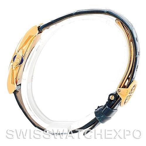 The image shows a side view of a Patek Philippe 4890 Women's Yellow Gold White Dial 4890 Women's Yellow Gold White Dial 4890 18k Yellow Gold Ladies Watch, focusing on the clasp and part of the strap.