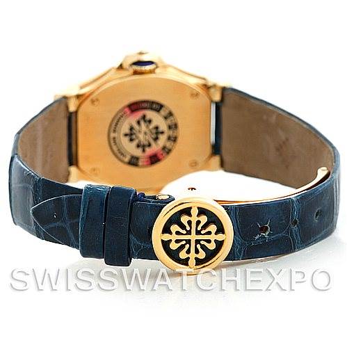 The image shows the back of a Patek Philippe 4890 Women's Yellow Gold White Dial 4890 Women's Yellow Gold White Dial 4890 18k Yellow Gold Ladies Watch, focusing on the clasp and case back.