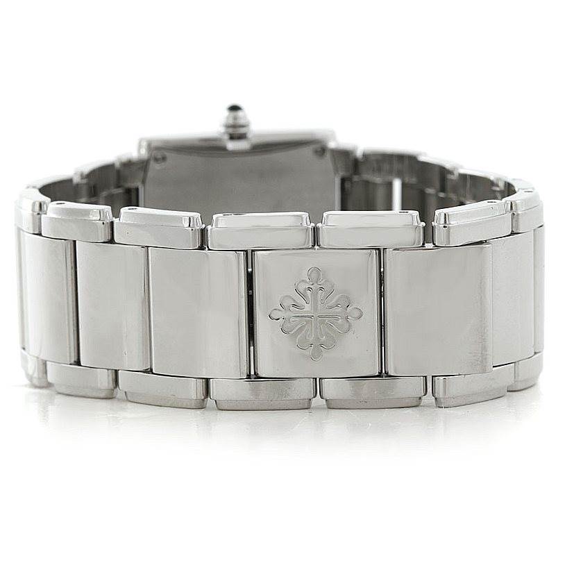 This image shows the back view of the bracelet of a Patek Philippe Twenty-4 4910/10A-011 Women's Stainless Steel Silver Dial 4910/10A-011 Women's Stainless Steel Silver Dial watch, featuring the clasp.