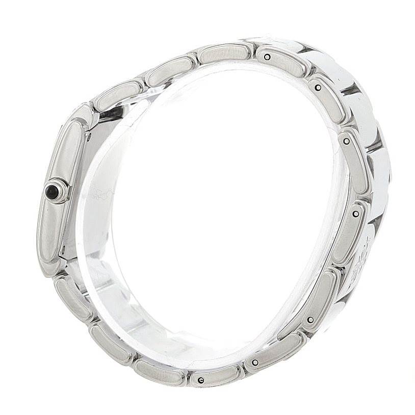 This image shows a side profile of the band and bezel of a Patek Philippe Twenty-4 4910/10A-011 Women's Stainless Steel Silver Dial 4910/10A-011 Women's Stainless Steel Silver Dial watch, focusing on its link design and crown.