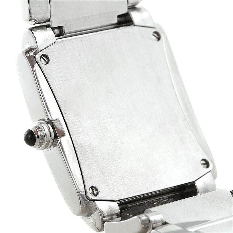 The image shows the back of a Patek Philippe Twenty-4 4910/10A-011 Women's Stainless Steel Silver Dial 4910/10A-011 Women's Stainless Steel Silver Dial watch, highlighting the case back, crown, and part of the bracelet.