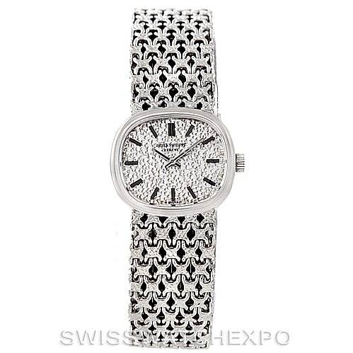 This image shows a front view of a Vintage Patek Philippe watch, displaying the face and the intricately designed bracelet.