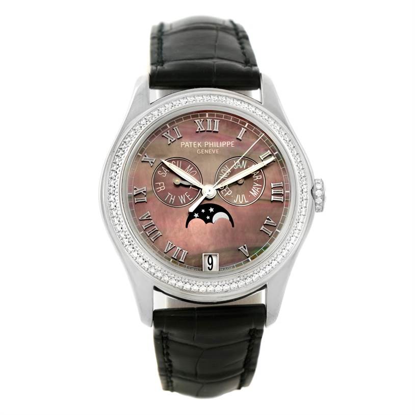 The image shows a front view of the Patek Philippe 4936G-001 White Gold Mother of Pearl Dial 4936G-001 White Gold Mother of Pearl Dial Annual Calendar White Gold MOP Diamond Watch 4936G, featuring its dial and strap.