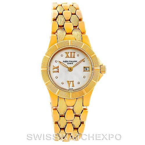 The image shows a front view of the Neptune model by Patek Philippe, highlighting the dial, bezel, and bracelet.