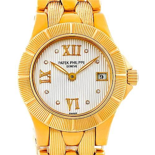 The image shows a front view of the Patek Philippe Neptune 4881 Women's Yellow Gold Beige Dial 4881 Women's Yellow Gold Beige Dial model watch, displaying its dial, bezel, and part of the bracelet.