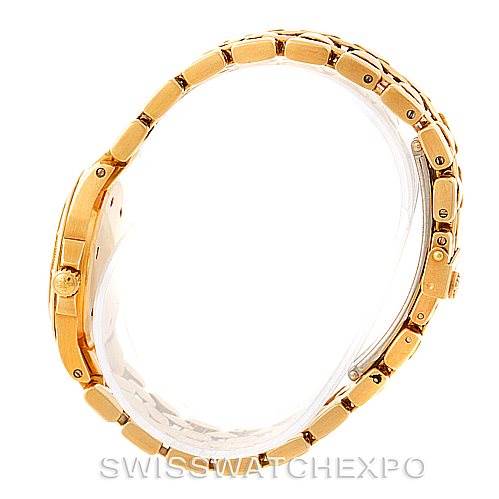 The image shows a side profile of the Patek Philippe Neptune 4881 Women's Yellow Gold Beige Dial 4881 Women's Yellow Gold Beige Dial model watch, highlighting its gold link bracelet and clasp.