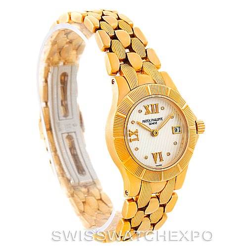 The image shows a Patek Philippe Neptune 4881 Women's Yellow Gold Beige Dial 4881 Women's Yellow Gold Beige Dial model watch from an angled side view, highlighting the bracelet and the dial.