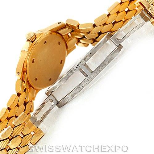 The image shows the backside and stainless steel clasp of a Patek Philippe Neptune 4881 Women's Yellow Gold Beige Dial 4881 Women's Yellow Gold Beige Dial model watch.