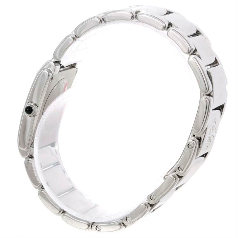 This image shows a side view of the bracelet and case of a Patek Philippe Twenty-4 4910/10A-011 Women
s Stainless Steel Silver Dial 4910/10A-011 Women
s Stainless Steel Silver Dial model watch.