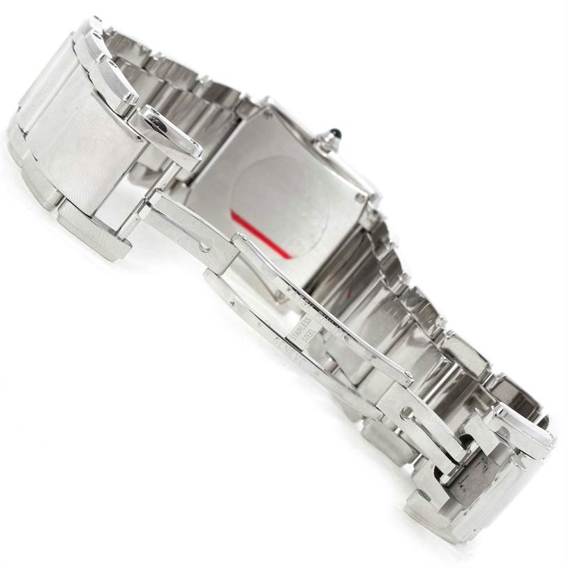 This image shows the open clasp and metal bracelet of a Patek Philippe Twenty-4 4910/10A-011 Women
s Stainless Steel Silver Dial 4910/10A-011 Women
s Stainless Steel Silver Dial watch from an angled side view.