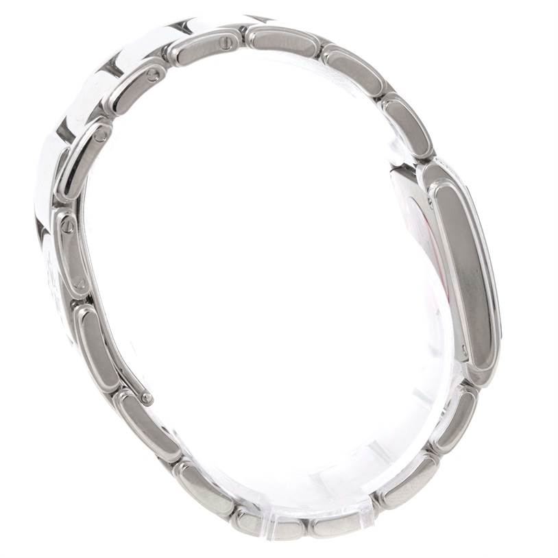 The image shows a side view of a Patek Philippe Twenty-4 4910/10A-011 Women
s Stainless Steel Silver Dial 4910/10A-011 Women
s Stainless Steel Silver Dial model watch, focusing on the bracelet and profile of the case.