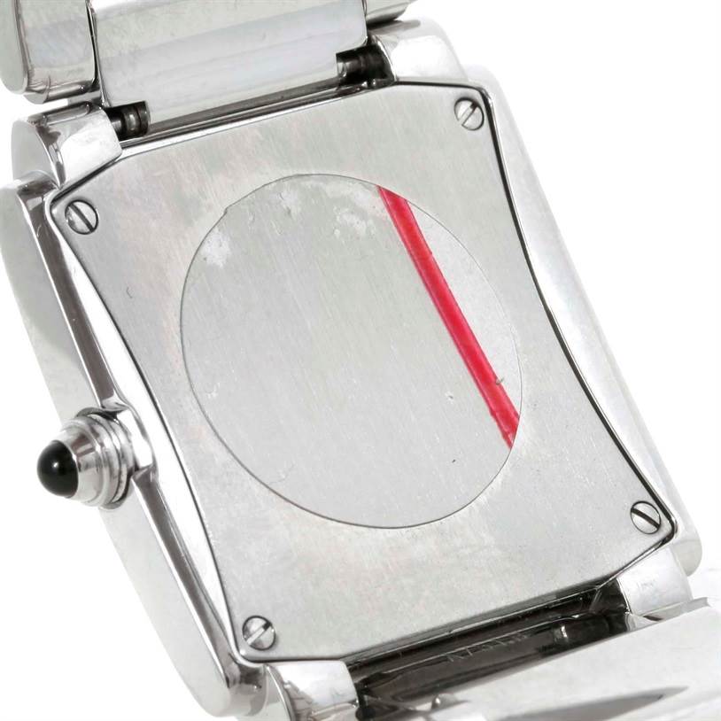 This image shows the closed case back and crown side of a Patek Philippe Twenty-4 4910/10A-011 Women
s Stainless Steel Silver Dial 4910/10A-011 Women
s Stainless Steel Silver Dial model watch.