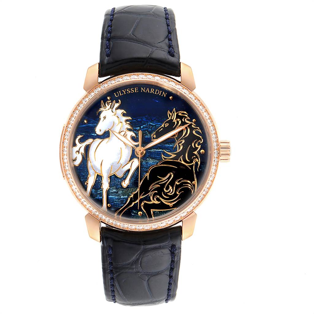 The image shows a front view of a Ulysse Nardin Classico 8156-111-B-2 Men
s Rose Gold Blue Dial 8156-111-B-2 Men
s Rose Gold Blue Dial watch, highlighting its detailed dial and strap.