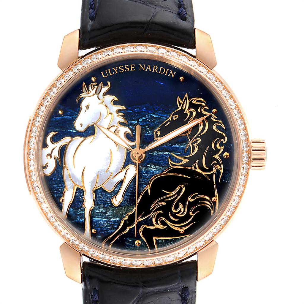 The image shows the dial and a portion of the strap of the Ulysse Nardin Classico 8156-111-B-2 Men
s Rose Gold Blue Dial 8156-111-B-2 Men
s Rose Gold Blue Dial watch, featuring a horse-themed design.