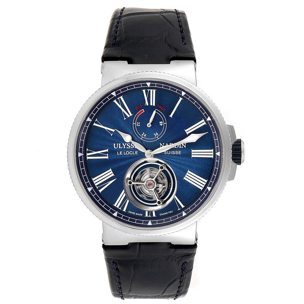 The Marine model by Ulysse Nardin is shown from the front, displaying its blue dial, Roman numerals, small seconds subdial, and leather strap.