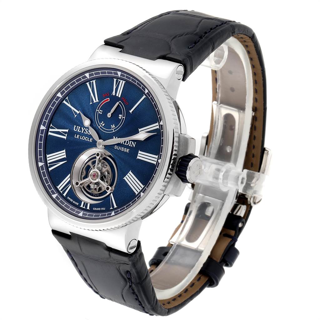 This image shows a Ulysse Nardin Marine 1283-181/E3 Men's Stainless Steel Blue Dial 1283-181/E3 Men's Stainless Steel Blue Dial model watch at a three-quarter angle, highlighting its face, bezel, crown, and leather strap.