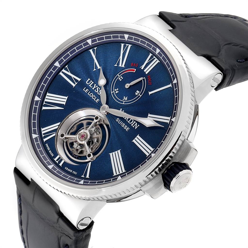 The image shows a Ulysse Nardin Marine 1283-181/E3 Men's Stainless Steel Blue Dial 1283-181/E3 Men's Stainless Steel Blue Dial model watch angled from the front-left, highlighting its dial, crown, and leather strap.