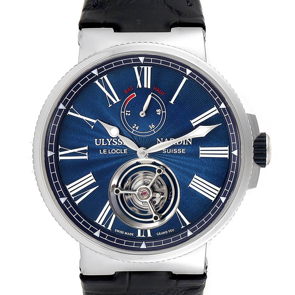 This image shows a frontal view of the Ulysse Nardin Marine 1283-181/E3 Men's Stainless Steel Blue Dial 1283-181/E3 Men's Stainless Steel Blue Dial model watch, highlighting its dial, hands, and crown.