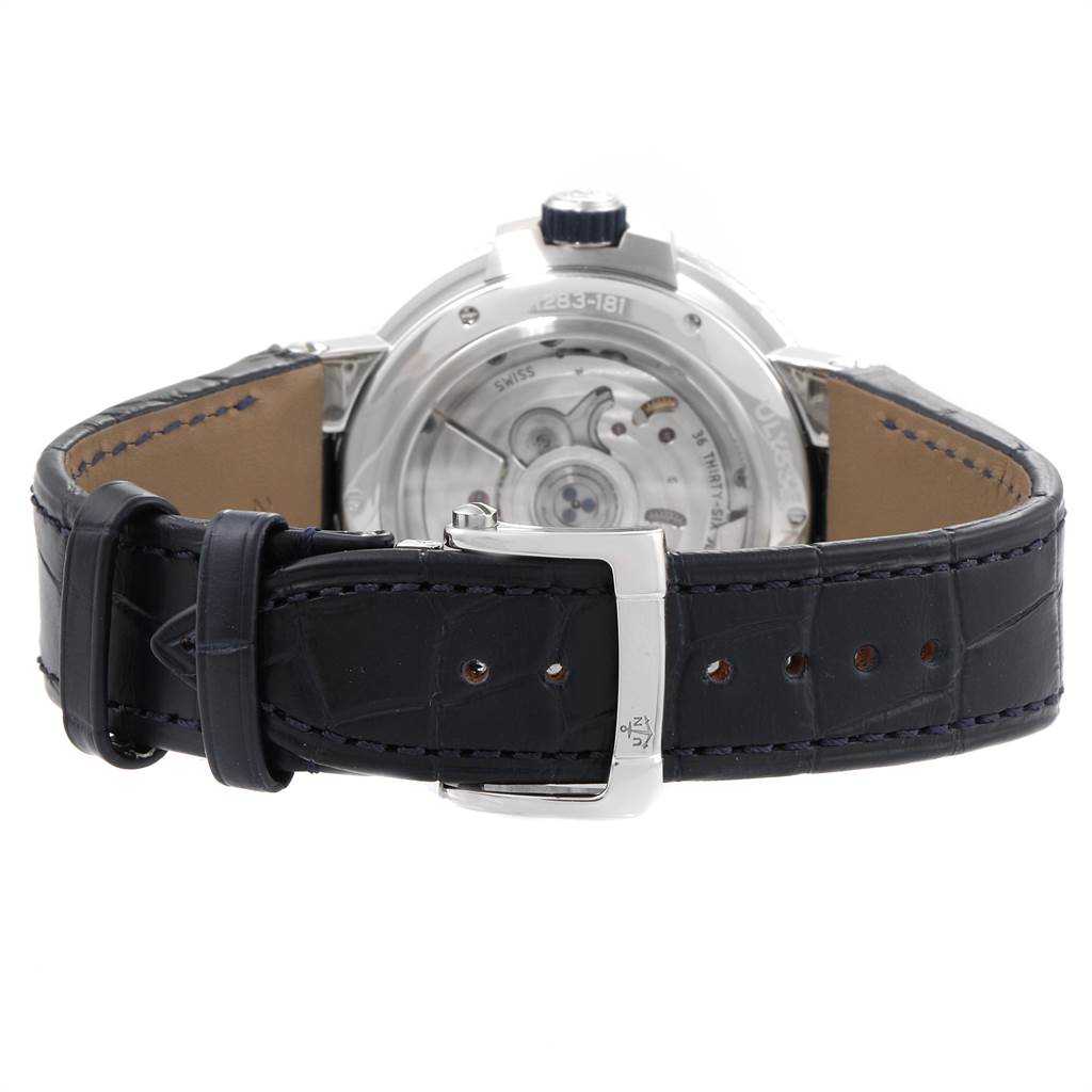 This image shows the back view of the Ulysse Nardin Marine 1283-181/E3 Men's Stainless Steel Blue Dial 1283-181/E3 Men's Stainless Steel Blue Dial model, highlighting the mechanical movement and leather strap.