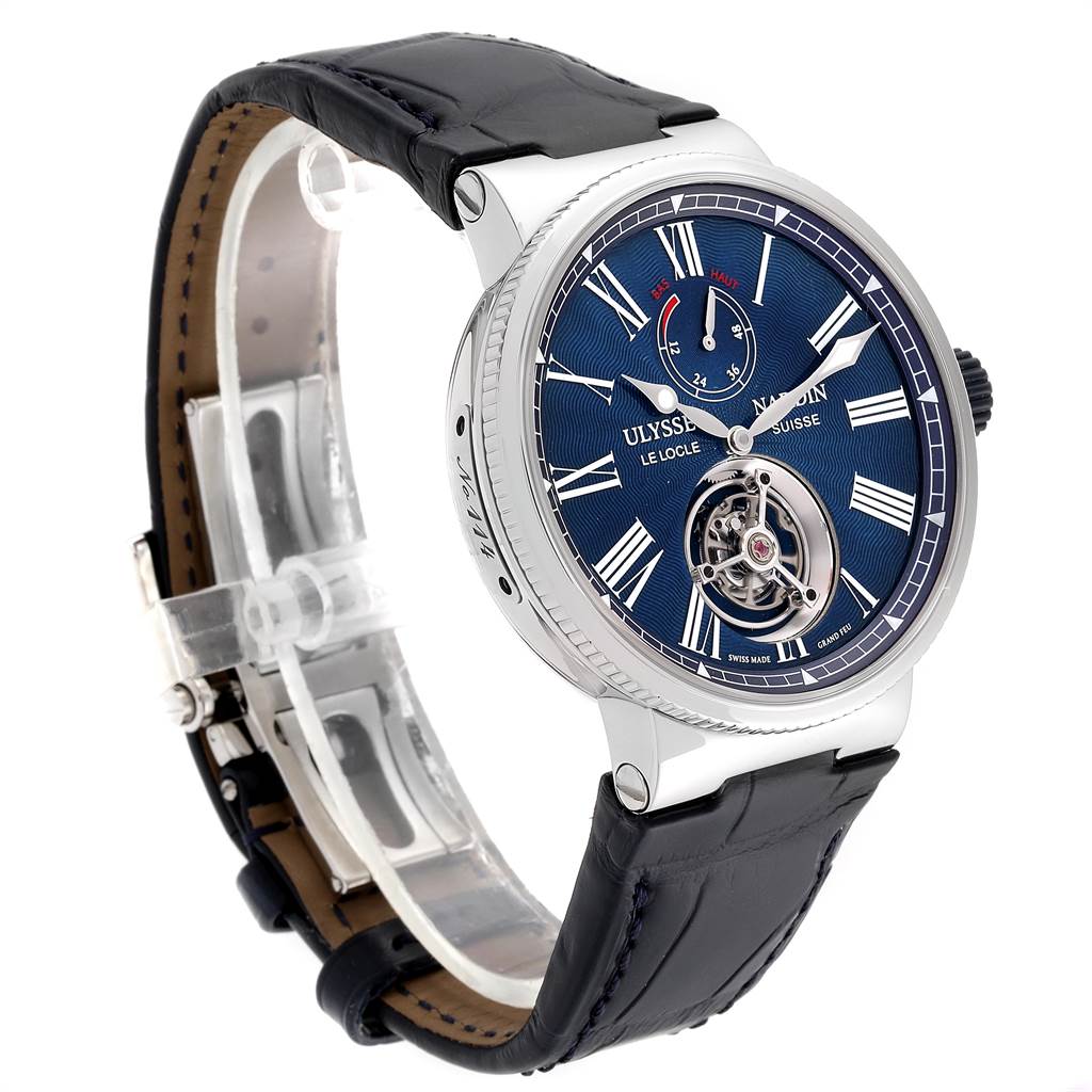 This Ulysse Nardin Marine 1283-181/E3 Men's Stainless Steel Blue Dial 1283-181/E3 Men's Stainless Steel Blue Dial model watch is shown at a three-quarter angle, displaying the face, strap, and side casing.