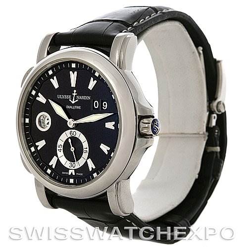 The Ulysse Nardin 243-55/92 Men's Stainless Steel Black Dial 243-55/92 Men's Stainless Steel Black Dial 243-55/92 GMT Big Date 42mm Men's Watch is shown at an angle showcasing the dial, bezel, case, and part of the strap.