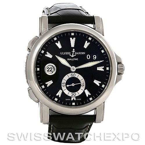 The image shows a front view of the Ulysse Nardin 243-55/92 Men's Stainless Steel Black Dial 243-55/92 Men's Stainless Steel Black Dial 243-55/92 GMT Big Date 42mm Men's Watch, displaying the dial and strap.