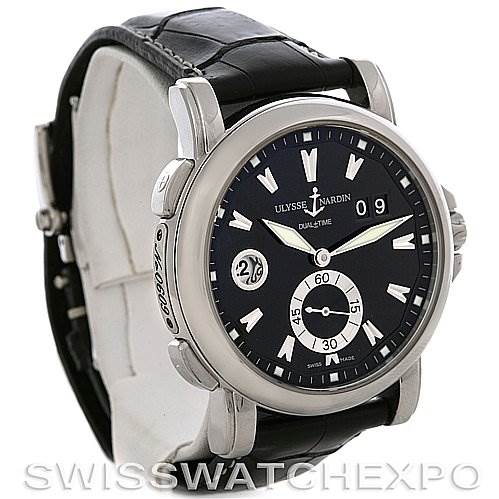 This image shows a side and front view of the Ulysse Nardin 243-55/92 Men's Stainless Steel Black Dial 243-55/92 Men's Stainless Steel Black Dial 243-55/92 GMT Big Date 42mm Men's Watch, highlighting the dial and strap.