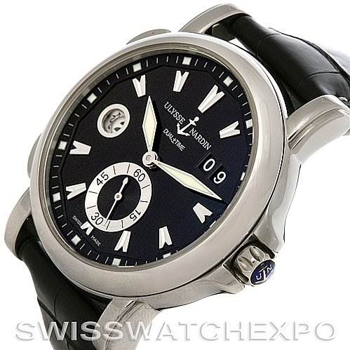 The image shows an angled side view of the Ulysse Nardin 243-55/92 Men's Stainless Steel Black Dial 243-55/92 Men's Stainless Steel Black Dial 243-55/92 GMT Big Date 42mm Mens Watch, displaying the dial and part of the strap.