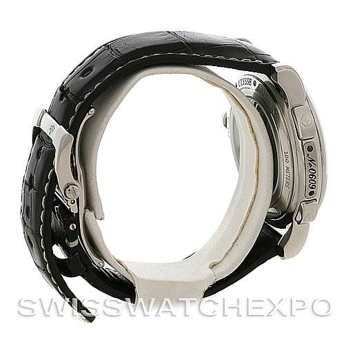 The image shows a side view angle of the Ulysse Nardin 243-55/92 Men's Stainless Steel Black Dial 243-55/92 Men's Stainless Steel Black Dial 243-55/92 GMT Big Date 42mm Mens Watch, highlighting the strap and caseback.