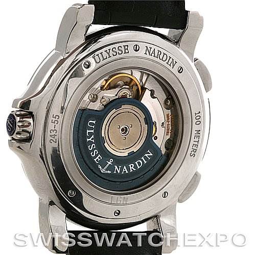 This image shows the back view of the Ulysse Nardin 243-55/92 Men's Stainless Steel Black Dial 243-55/92 Men's Stainless Steel Black Dial 243-55/92 GMT Big Date 42mm Mens Watch, highlighting its movement and rotor.