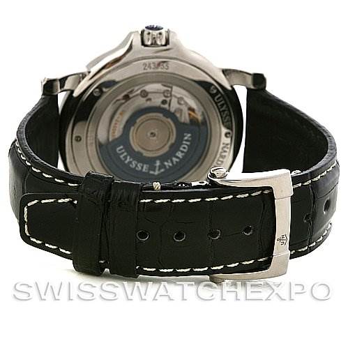 The image shows the back view of the Ulysse Nardin 243-55/92 Men's Stainless Steel Black Dial 243-55/92 Men's Stainless Steel Black Dial 243-55/92 GMT Big Date 42mm Mens Watch, highlighting its movement and leather strap.