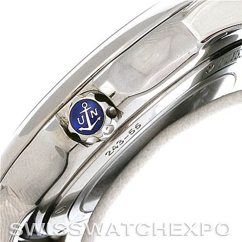 This image shows the side view of the Ulysse Nardin 243-55/92 Men's Stainless Steel Black Dial 243-55/92 Men's Stainless Steel Black Dial 243-55/92 GMT Big Date 42mm Men's Watch, featuring its logo and model number.