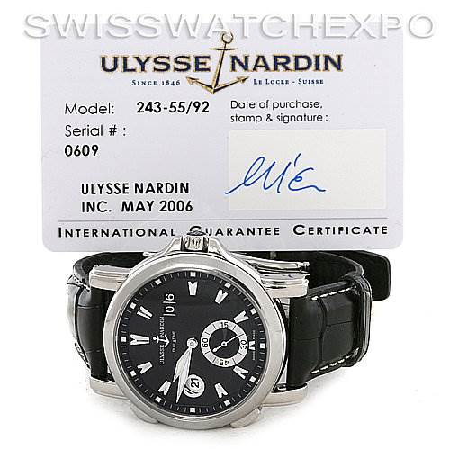 The image shows a front view of the Ulysse Nardin 243-55/92 Men's Stainless Steel Black Dial 243-55/92 Men's Stainless Steel Black Dial 243-55/92 GMT Big Date 42mm Men's Watch, along with its international guarantee certificate.
