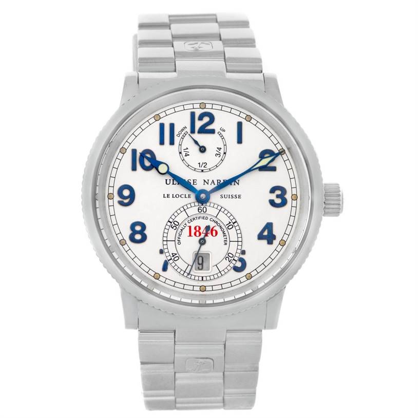 The image shows a front view of the Ulysse Nardin Marine 263 - 22 Men's Stainless Steel Silver Dial 263 - 22 Men's Stainless Steel Silver Dial model watch, displaying its dial, hands, and bracelet.