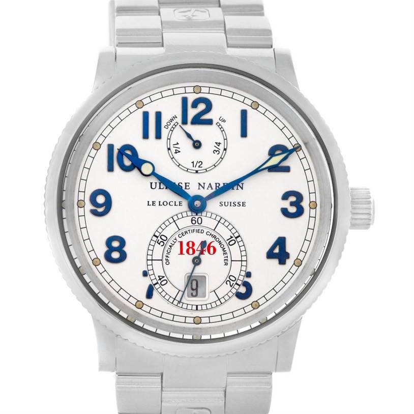 This image shows a front view of the Ulysse Nardin Marine 263 - 22 Men's Stainless Steel Silver Dial 263 - 22 Men's Stainless Steel Silver Dial watch, displaying the dial, numerals, sub-dials, and bracelet.
