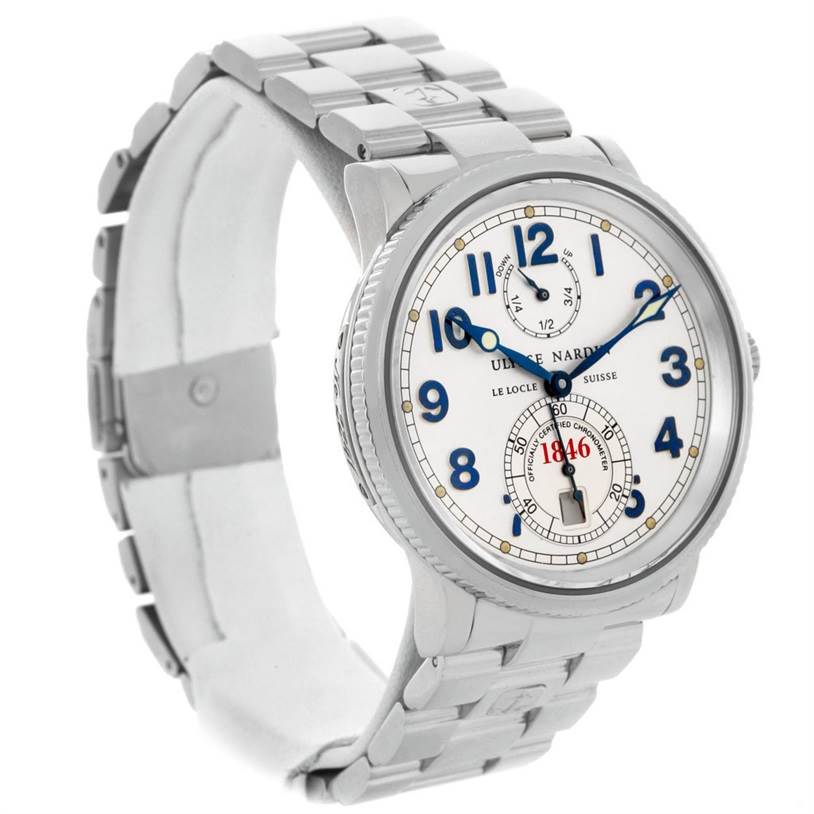 The image shows a Ulysse Nardin Marine 263 - 22 Men's Stainless Steel Silver Dial 263 - 22 Men's Stainless Steel Silver Dial model watch from a three-quarter angle, highlighting the face and metal bracelet.