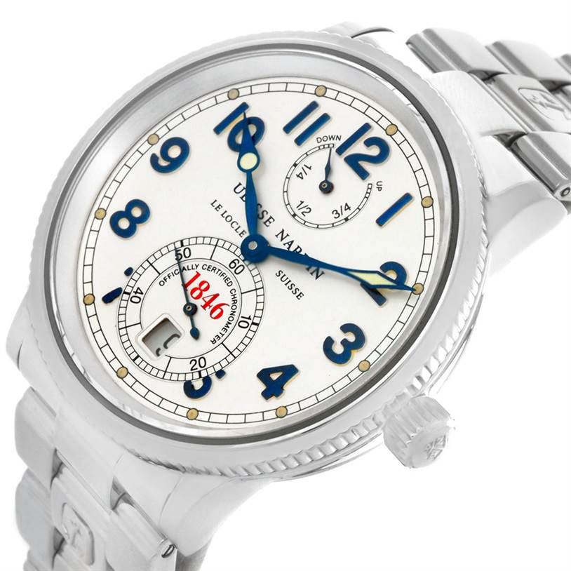 The image shows a Ulysse Nardin Marine 263 - 22 Men's Stainless Steel Silver Dial 263 - 22 Men's Stainless Steel Silver Dial model watch from a three-quarter angle, displaying the face, dial, hands, and part of the bracelet.